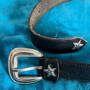 Leather Shop Genuine Black Leather Belt with Silver Star Accents